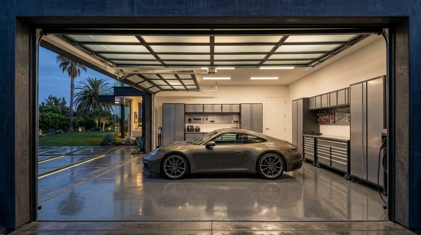 Poppy Garage Door Repairs Interior View of Custom Garage Door Overhead and Workshop